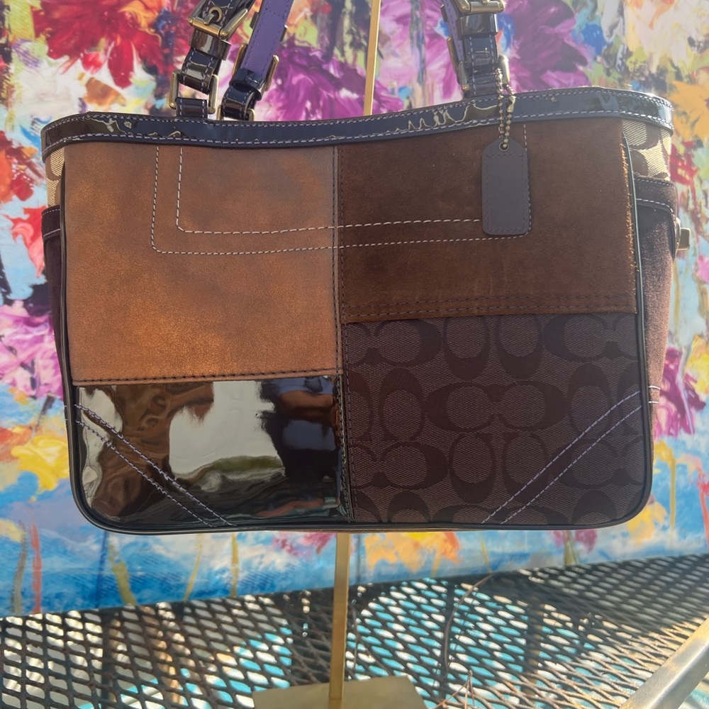 Coach Patchwork Shoulder Tote in Brown and Dark Brown